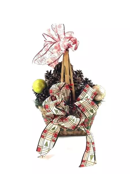 Christmas Basket with Pine Cones Lights Ornaments & Ribbon Holiday Decor