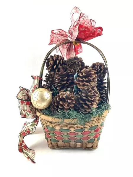 Christmas Basket with Pine Cones Lights Ornaments & Ribbon Holiday Decor