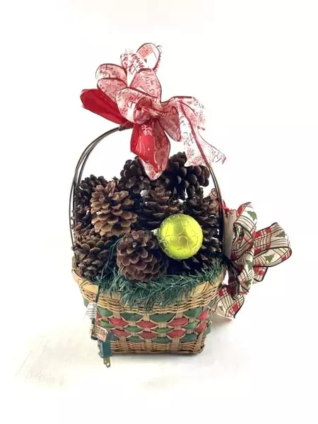 Christmas Basket with Pine Cones Lights Ornaments & Ribbon Holiday Decor