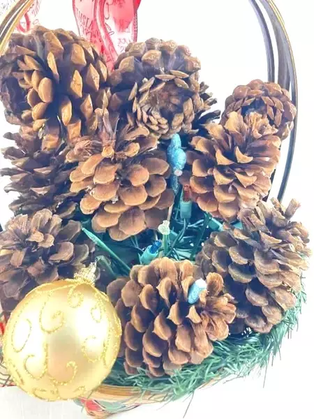 Christmas Basket with Pine Cones Lights Ornaments & Ribbon Holiday Decor