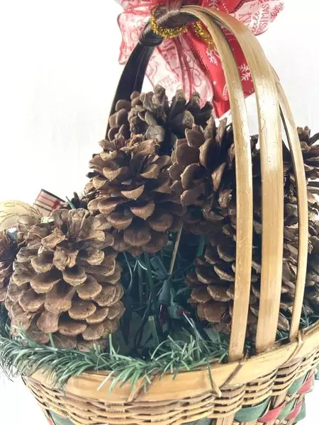 Christmas Basket with Pine Cones Lights Ornaments & Ribbon Holiday Decor