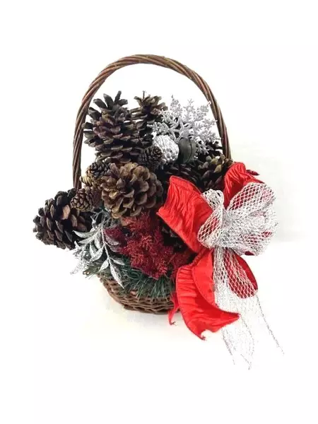 Decorative Christmas Basket String Lights Ornaments Ribbon Pinecones Red Silver