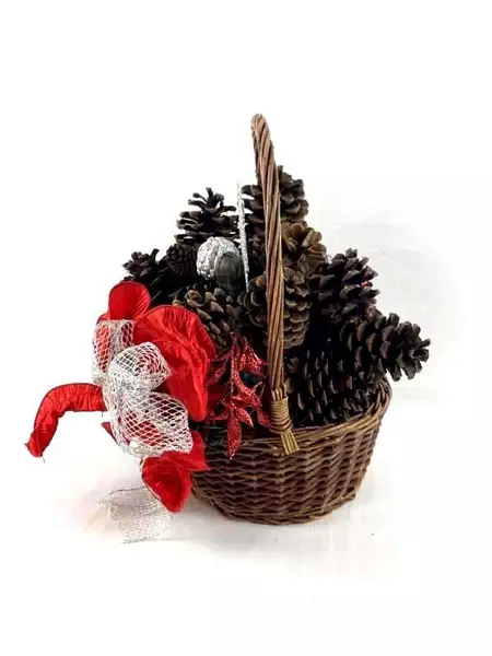 Decorative Christmas Basket String Lights Ornaments Ribbon Pinecones Red Silver
