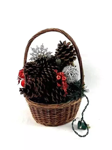 Decorative Christmas Basket String Lights Ornaments Ribbon Pinecones Red Silver