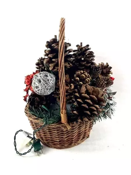 Decorative Christmas Basket String Lights Ornaments Ribbon Pinecones Red Silver