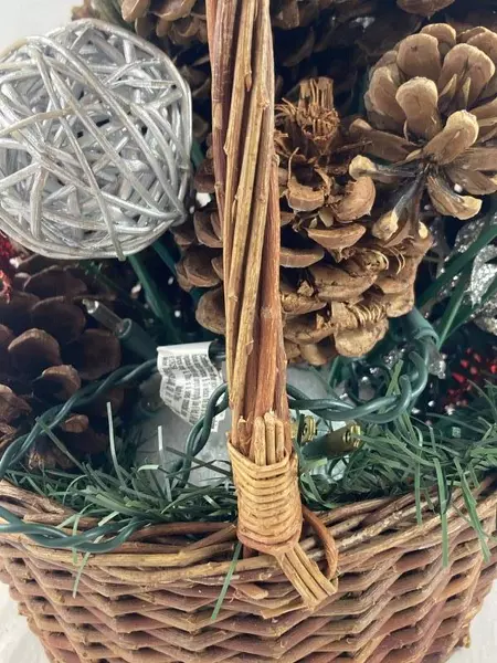 Decorative Christmas Basket String Lights Ornaments Ribbon Pinecones Red Silver