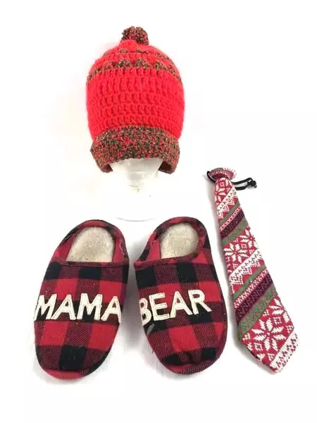 Lot of 3 Christmas Mama Bear Slippers, Beanie & Light-Up Tie - Pre-Owned