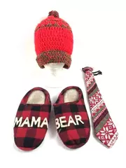 Lot of 3 Christmas Mama Bear Slippers, Beanie & Light-Up Tie - Pre-Owned