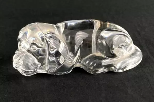 Clear Glass Dog Paperweight 4.25" Laying Down Decor, Collectible with Chip