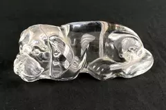Clear Glass Dog Paperweight 4.25" Laying Down Decor, Collectible with Chip