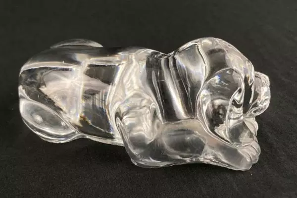 Clear Glass Dog Paperweight 4.25" Laying Down Decor, Collectible with Chip