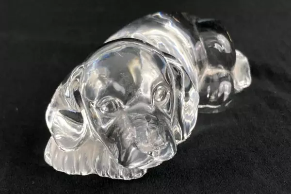 Clear Glass Dog Paperweight 4.25" Laying Down Decor, Collectible with Chip
