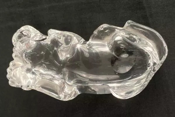 Clear Glass Dog Paperweight 4.25" Laying Down Decor, Collectible with Chip