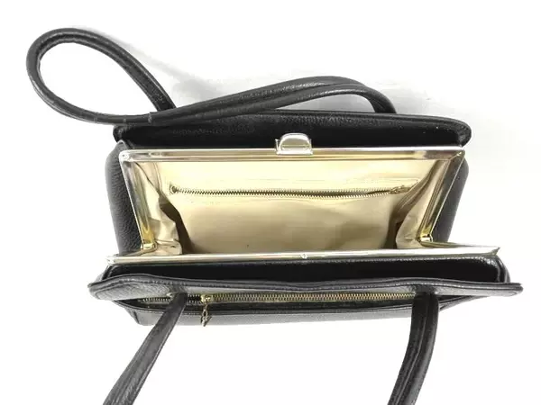 Vintage Black Faux Leather Handbag with Clasp & Pocket - Good Condition