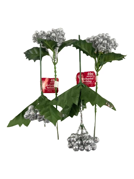 Lot of 10 Silver Floral Picks Poinsettias Leaves Glitter Holiday Decor