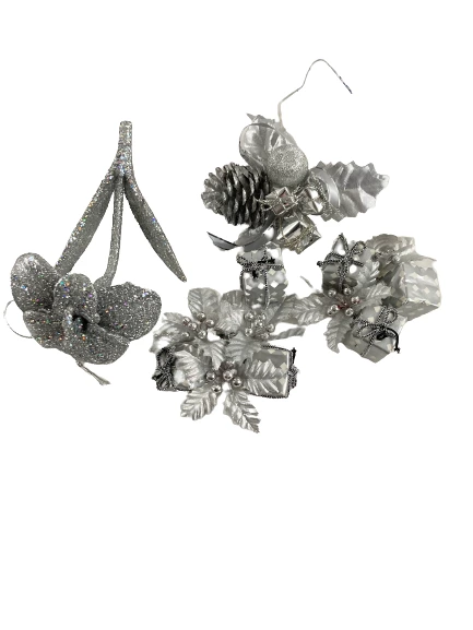 Lot of 10 Silver Floral Picks Poinsettias Leaves Glitter Holiday Decor