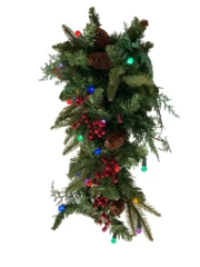 Pre-Lit Artificial Pine Wall Swag 21" with Pinecones, Berries & Lights