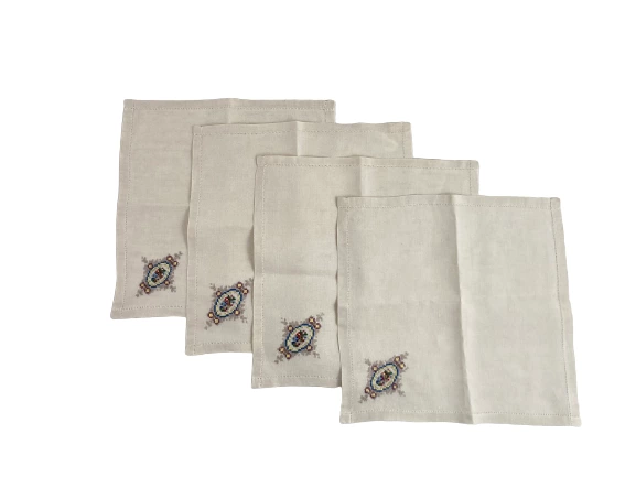 Lot of 4 Ecru Linen Cross Stitch Floral Napkins Square Dining Home Decor 11.5in