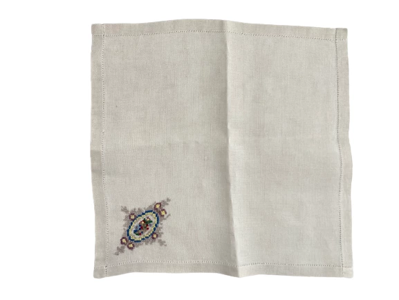 Lot of 4 Ecru Linen Cross Stitch Floral Napkins Square Dining Home Decor 11.5in