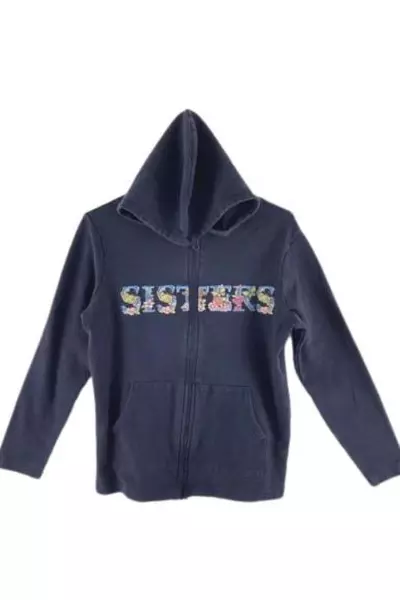 Basic Editions Women's Medium Blue Zip Hoodie Jacket "SISTERS" Graphic