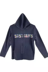 Basic Editions Women's Medium Blue Zip Hoodie Jacket "SISTERS" Graphic