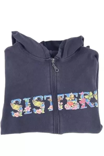 Basic Editions Women's Medium Blue Zip Hoodie Jacket "SISTERS" Graphic