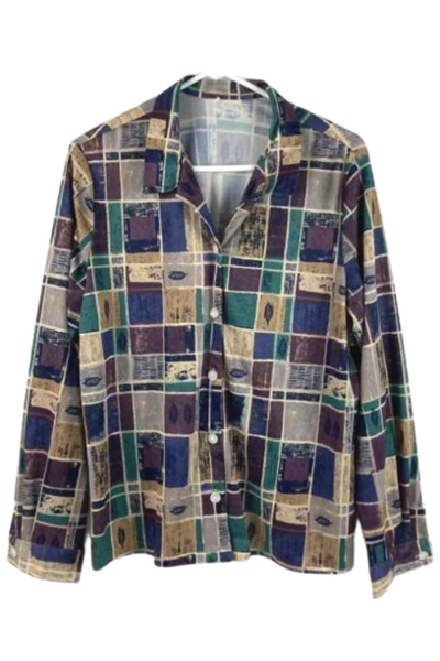 Vintage Women's Button-Up Shirt Beige Purple Blue Collared Medium Top
