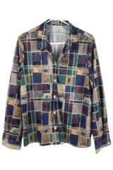 Vintage Women's Button-Up Shirt Beige Purple Blue Collared Medium Top