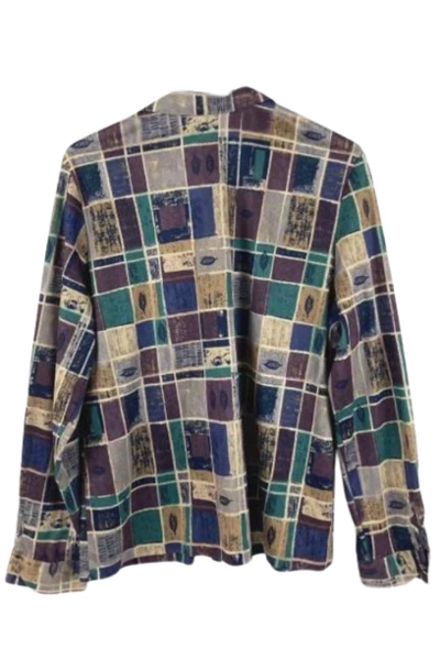 Vintage Women's Button-Up Shirt Beige Purple Blue Collared Medium Top