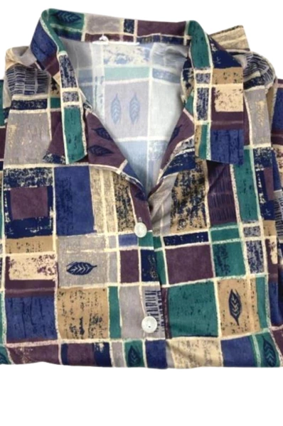 Vintage Women's Button-Up Shirt Beige Purple Blue Collared Medium Top