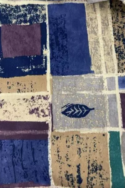 Vintage Women's Button-Up Shirt Beige Purple Blue Collared Medium Top