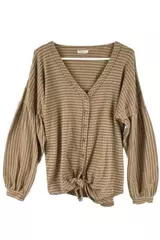 Miss Love Women's Medium Brown White Striped Top Knotted Hem Bishop Sleeve
