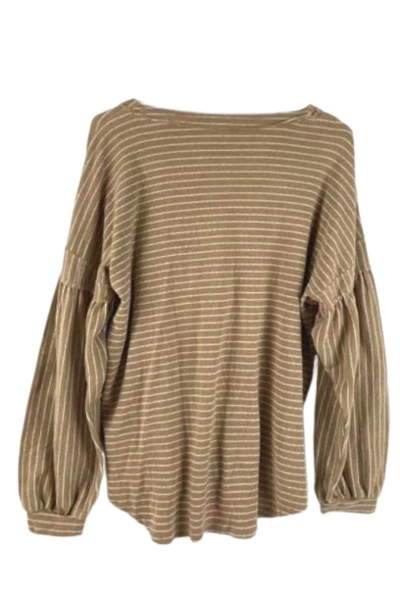 Miss Love Women's Medium Brown White Striped Top Knotted Hem Bishop Sleeve
