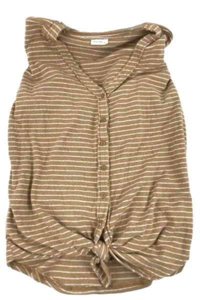 Miss Love Women's Medium Brown White Striped Top Knotted Hem Bishop Sleeve
