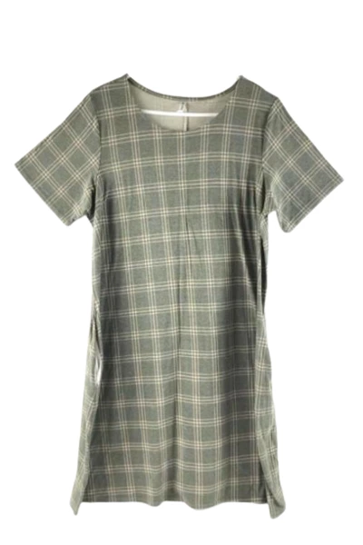 Piphany Women's Large Green Beige Plaid Dress with Pockets, Short Sleeve