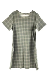Piphany Women's Large Green Beige Plaid Dress with Pockets, Short Sleeve