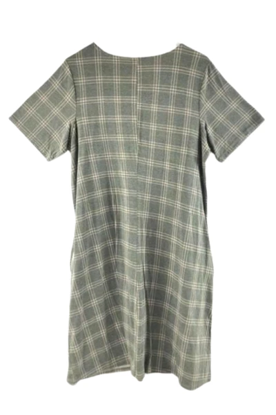 Piphany Women's Large Green Beige Plaid Dress with Pockets, Short Sleeve