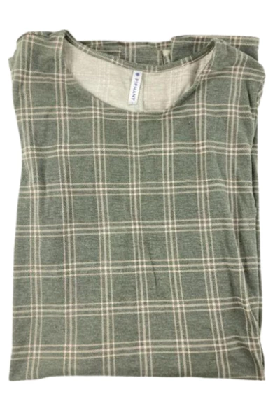 Piphany Women's Large Green Beige Plaid Dress with Pockets, Short Sleeve