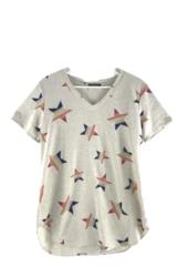 Heimish USA Women's Large Beige Star Print Short Sleeve Top - V-Neck Shirt