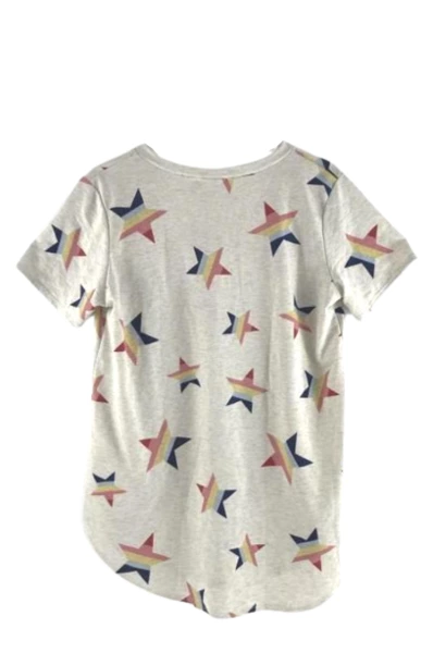 Heimish USA Women's Large Beige Star Print Short Sleeve Top - V-Neck Shirt