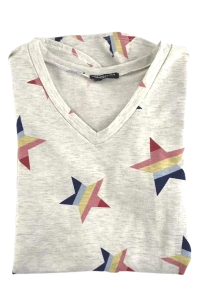 Heimish USA Women's Large Beige Star Print Short Sleeve Top - V-Neck Shirt