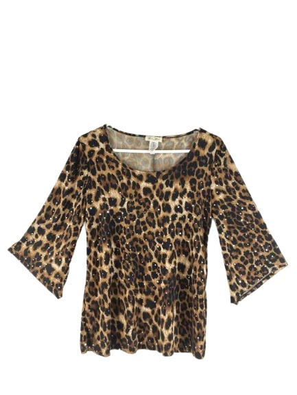 Brittany Black Cheetah Sequin Knit Top Women's Small Animal Print Shirt