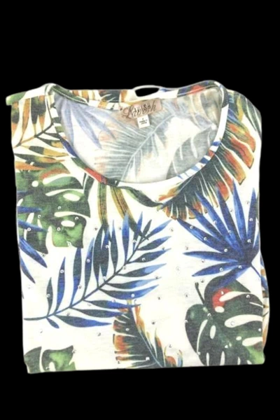 Lavish Women's Small Tropical Print Rhinestone Short Sleeve Top - Pre-Owned
