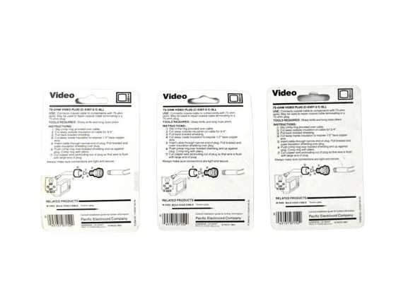 Lot of 3 Vintage Pacific Electricord 75-ohm F Plugs C-5307-2 Original Packaging