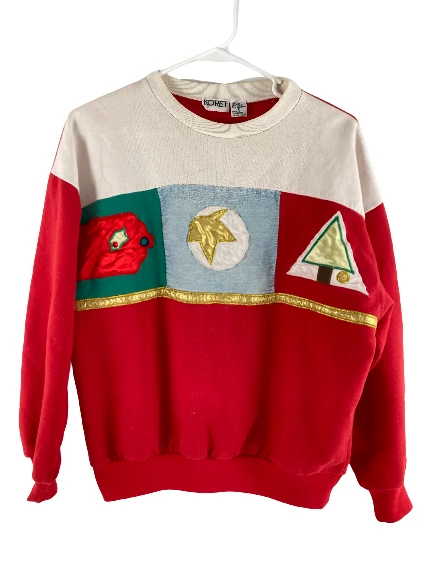 Koret Women's Christmas Sweatshirt M Red Green Gold Embellished Crewneck