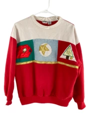 Koret Women's Christmas Sweatshirt M Red Green Gold Embellished Crewneck