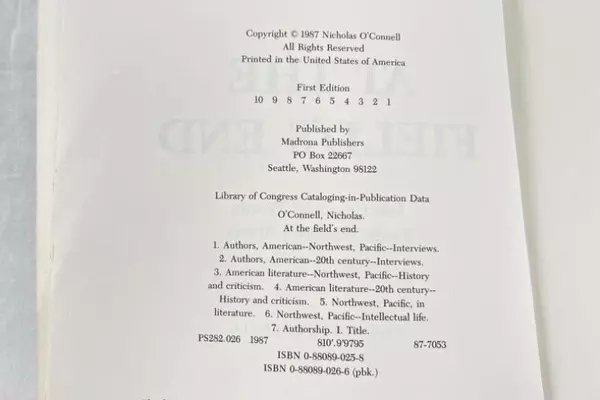 1987 At The Field's End Interviews Nicholas O'Connell Paperback Book Madrona