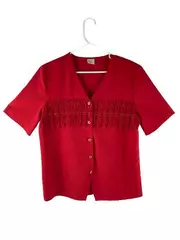 Vintage Woolworths Women's Red Eyelet Blouse Size 12 Short Sleeve Top