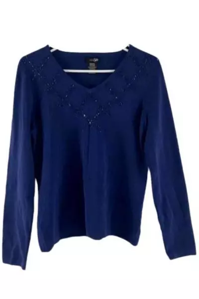 East 5th Women's Blue Knit Sweater Top M Long Sleeve Sequins Beading