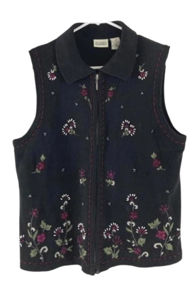 Classic Elements Black Knit Zip-Up Vest Women's Medium Embroidered Beading